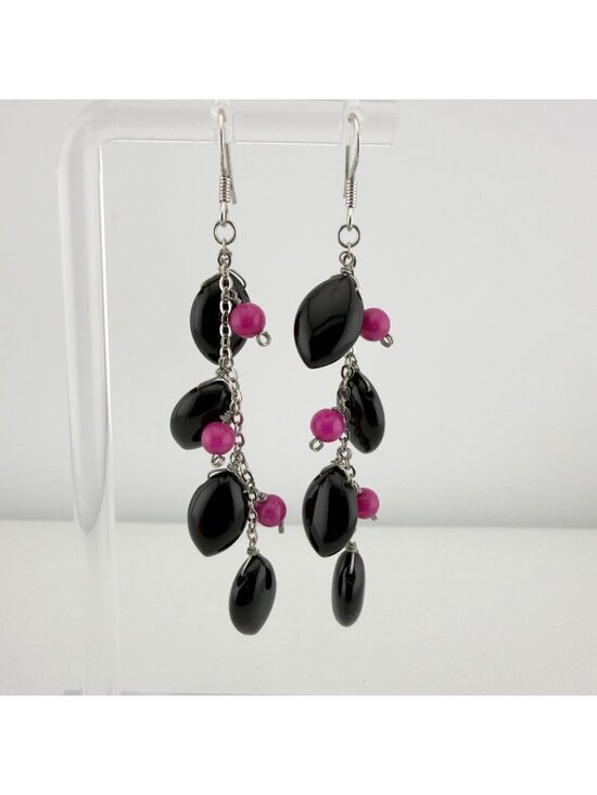 Jewelry - Sterling Silver Long Beaded Dangle Earrings Black Pink 2.5"